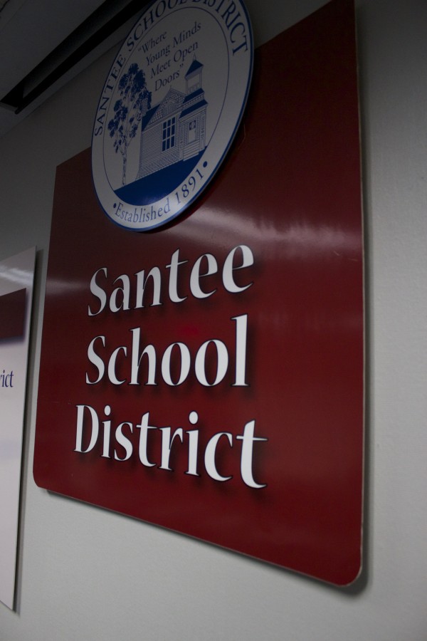Sign in the Santee School District board meeting room. Credit: Leo Castaneda/inewsource