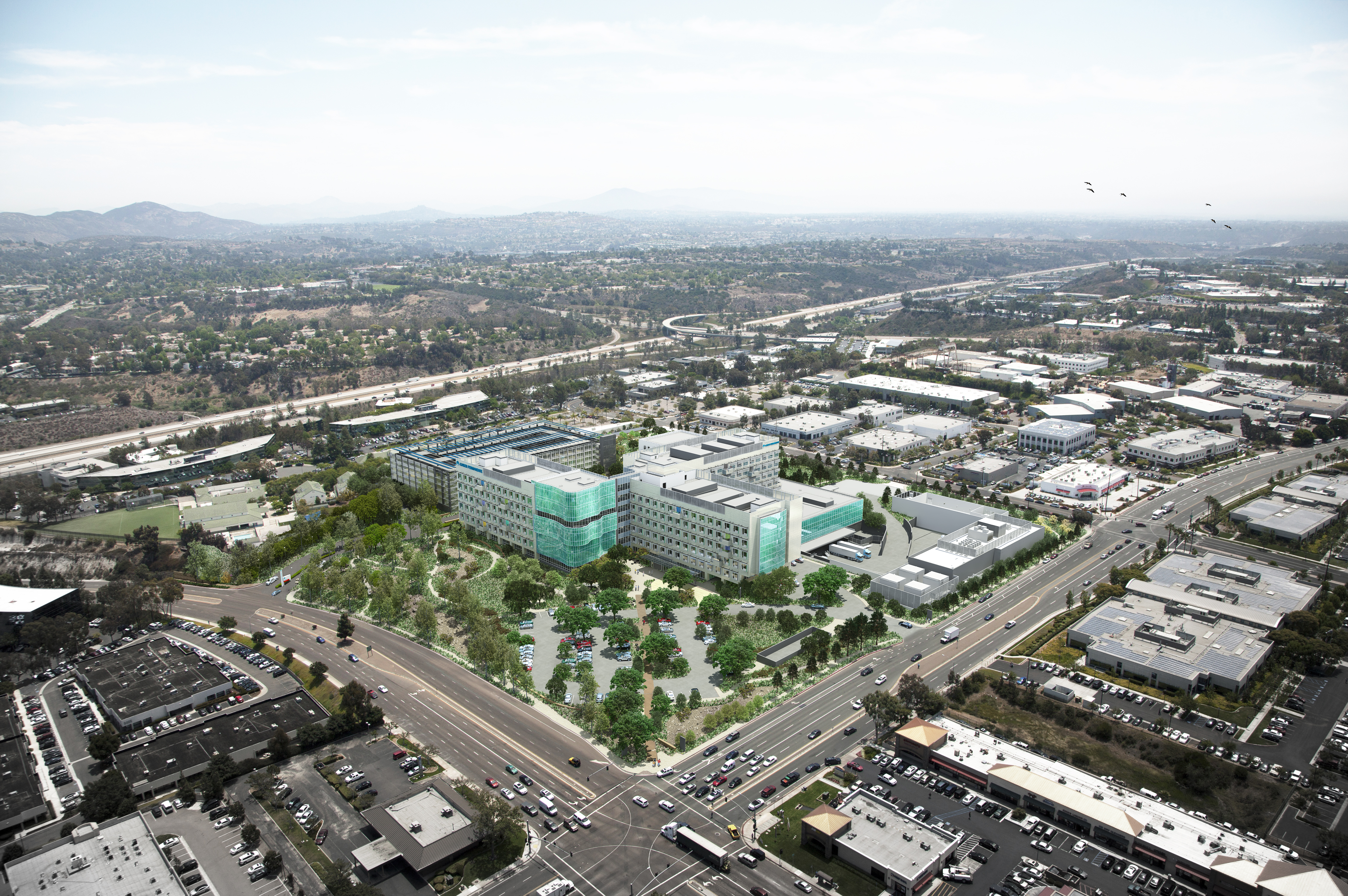 An artist's rendering of the new Kaiser Permanente hospital in San Diego, looking southeast from the intersection of Clairemont Mesa Boulevard and Ruffin Road. The hospital is expected to open in 2017. Courtesy image from Kaiser Permanente.