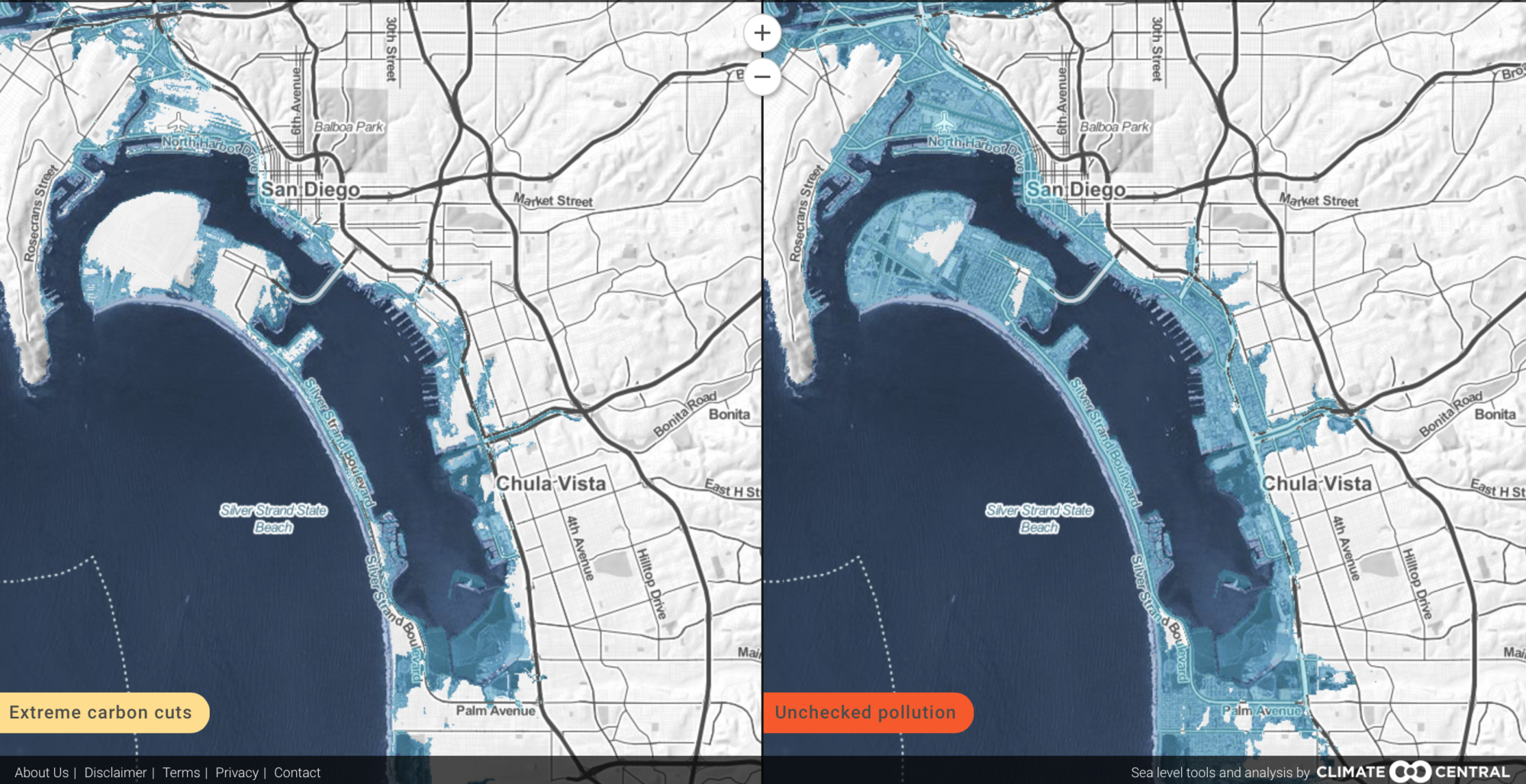 Map tools allow you to compare future and even distant future sea level scenarios based on how much carbon is added to the atmosphere today. Climate Central
