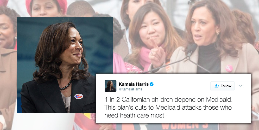A tweet by Sen. Kamala Harris regarding children who receive benefits from Medi-Cal (California's name for Medicaid) drew hundreds of responses.