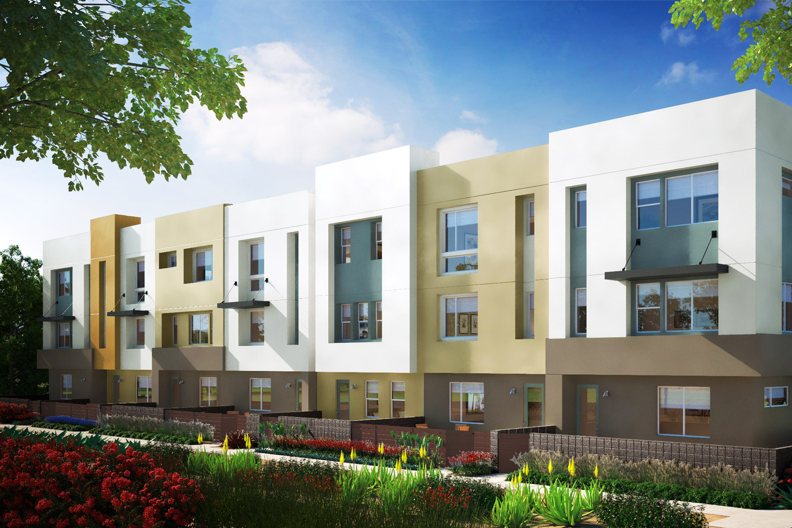 Southern California homebuilder City Ventures is marketing the all-electric and solar townhouse development in Chula Vista shown in this rendering. Courtesy City Ventures.