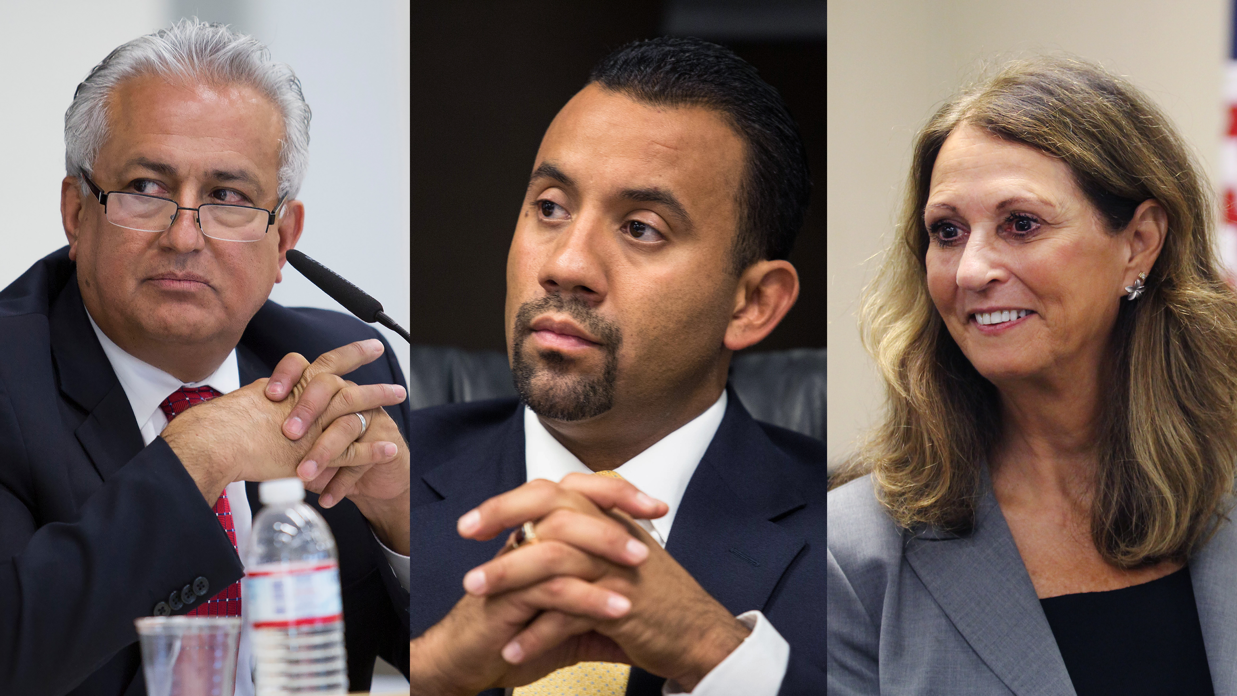 Four of San Ysidro’s seven superintendents since 2013 have come from school districts in the East Los Angeles area, including Edward Velasquez (left), Julio Fonseca (middle) and Mary Willis (right). (Velasquez, Fonseca: Megan Wood/inewsource, Willis: Leonardo Castañeda/inewsource)