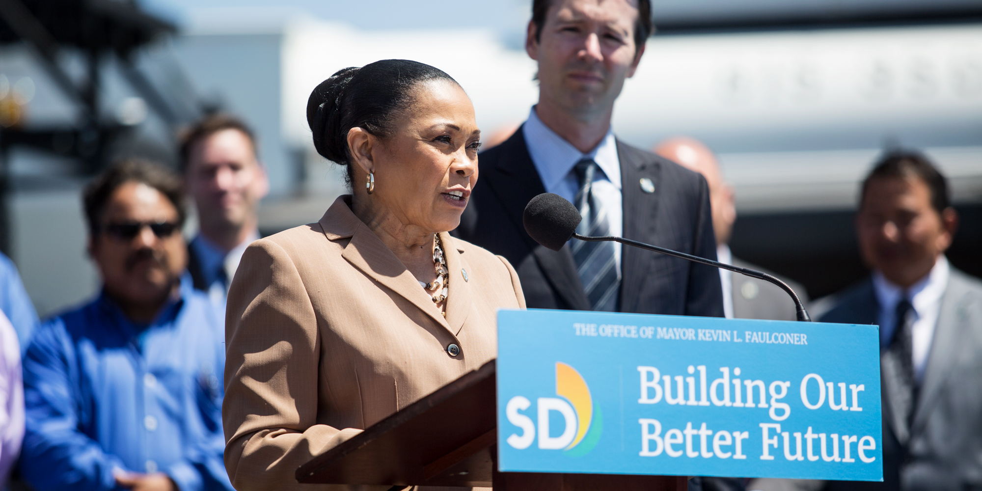 San Diego Councilwoman Myrtle Cole is shown speaking at a news conference in southeastern San Diego on June 13, 2018. (Megan Wood/inewsource)