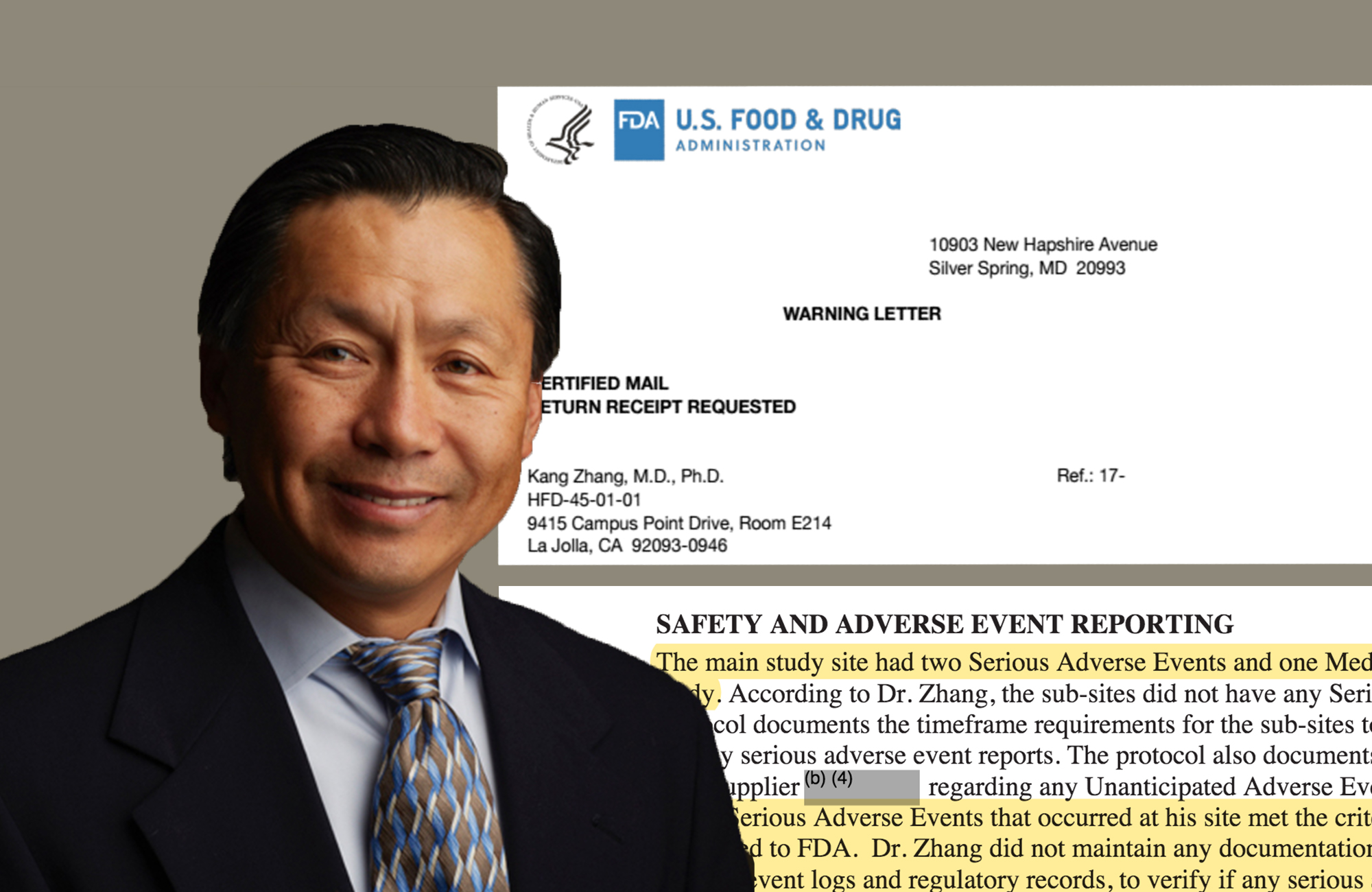 A photo illustration of Dr. Kang Zhang, chief of eye genetics at the University of California San Diego, with parts of a warning letter and an inspection report from the FDA about his research. (UCSD, inewsource)